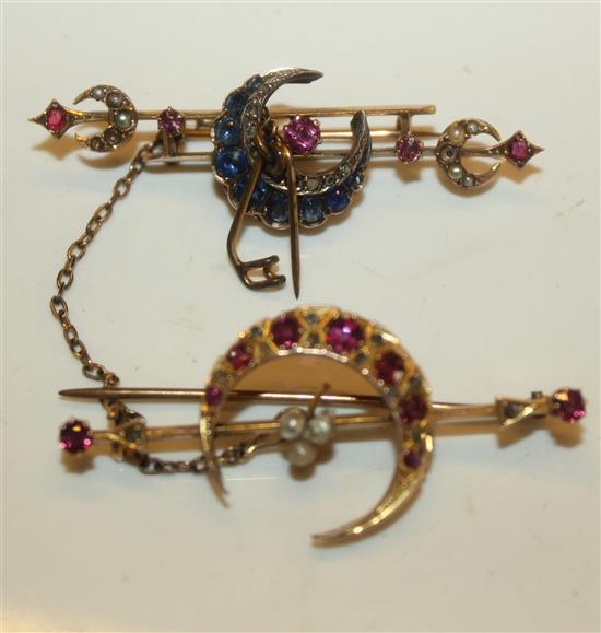 2 gold crescent brooches, and diamond and sapphire one